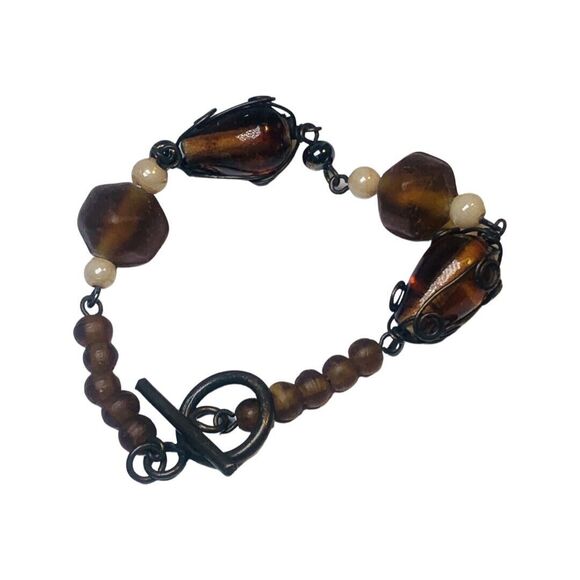 Brown Glass Beaded Bracelet 5.25” Wrapped Wire Copper Bohemian - Picture 8 of 11